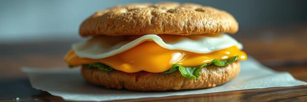 Delicious breakfast sandwich with melted cheese, lettuce, and egg on a toasted whole grain bun photo