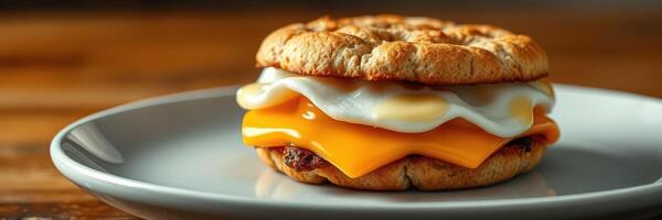 Delicious breakfast sandwich with cheese and egg served on a plate in a cozy setting photo