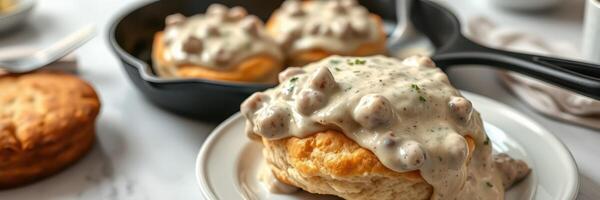 Homemade biscuits topped with creamy country sausage gravy served on a white plate photo