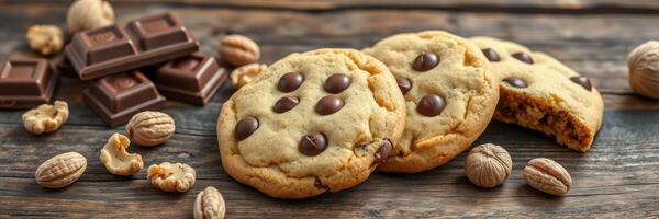 Delicious homemade chocolate chip cookies with nuts and chocolate pieces on a rustic wooden table photo