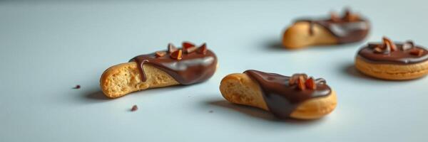 Delicious mini desserts topped with chocolate and nuts arranged on a light-colored surface photo