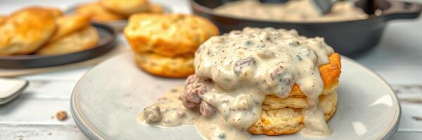 Delicious biscuits smothered in creamy sausage gravy served on a rustic table photo