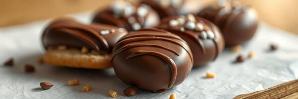 Delicious chocolate-covered cookies with toppings displayed on a rustic surface in warm light photo