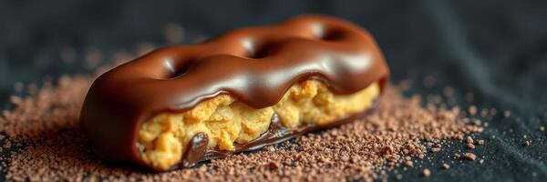 Chocolate-coated snack bar with crunchy interior and cocoa powder background creates an inviting dessert moment photo