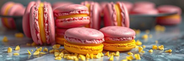 Pink and yellow macarons on a marble surface with scattered crunch topping in a cozy kitchen setting photo