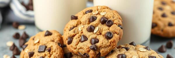 Tempting chocolate chip cookies served with cold milk in a cozy kitchen setting at dessert time photo