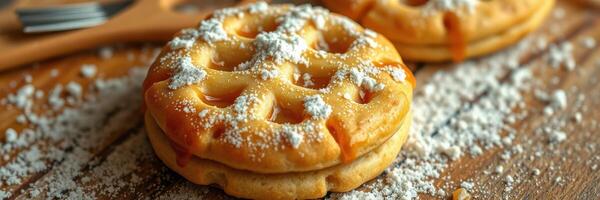 Delicious homemade waffles dusted with powdered sugar on a wooden table photo