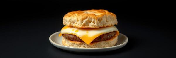 Delicious biscuit sandwich with sausage and melted cheese served on a plate against a black background photo