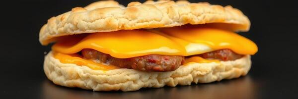 Breakfast sandwich with sausage and melted cheese on a toasted biscuit served on a dark background photo