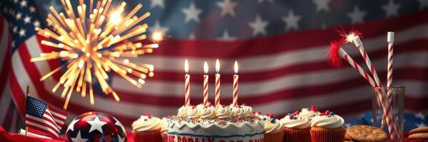 Celebration of Independence Day with festive decorations, cake, and fireworks in a patriotic setting photo