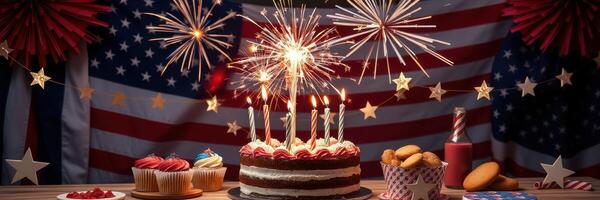 Celebrating with fireworks and a cake on a festive occasion in front of an American flag backdrop photo