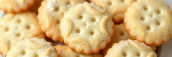 Deliciously baked cream crackers arranged on a plate ready for serving at a gathering or snack time photo