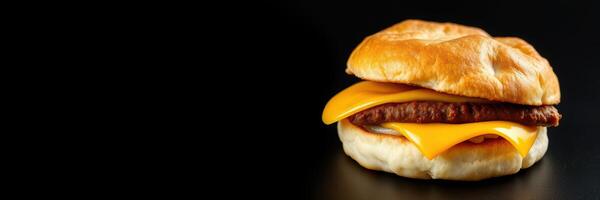 Savory breakfast sandwich with cheese and sausage on a buttery biscuit photo