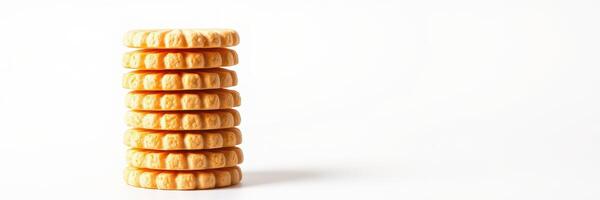 Delicious stack of round butter cookies on a clean, white surface perfect for snacking or dessert options photo