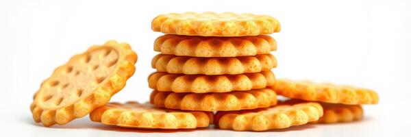 Stack of round cookies arranged neatly on a plain background showcasing their golden-brown color and textured surface photo