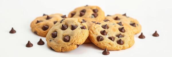 Freshly baked chocolate chip cookies arranged on a clean surface with chocolate chips scattered around them photo