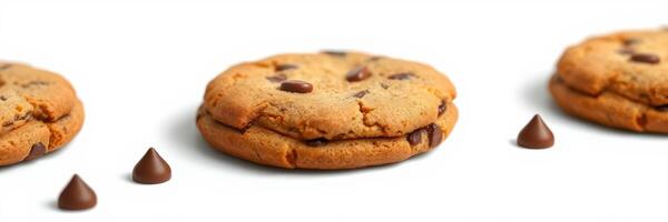 Delicious chocolate chip cookies arranged in a row with chocolate chips on a white background photo