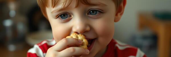 Young child enjoying a pastry in a cozy indoor setting during the morning photo