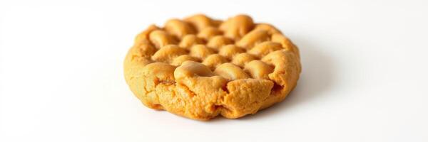 Freshly baked peanut butter cookie resting on a white surface showcasing its textured top and rich golden color photo