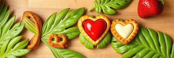 Delicious heart-shaped cookies decorated with red and white icing among tropical leaves and strawberries photo