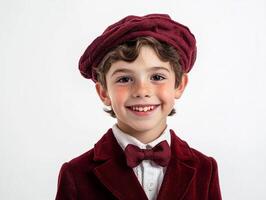 A young boy in a red suit and a red beret photo
