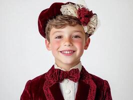 A young boy wearing a red velvet suit and a bow tie photo