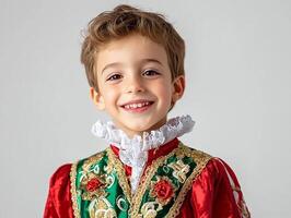 A boy in a traditional costume poses for a photo