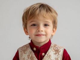 A young boy in a red vest and gold shirt photo