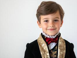 A young boy in a formal suit and bow tie photo