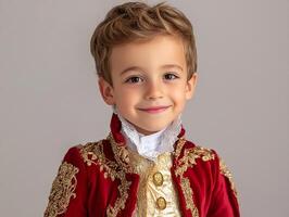 A young boy in a red and gold costume photo