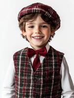 A young boy wearing a red plaid vest and a red bow tie photo