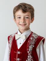 A boy in a red vest and bow tie posing for a photo