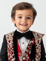 A young boy in a red and black tuxedo photo