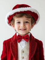 A young boy in a red suit and hat photo