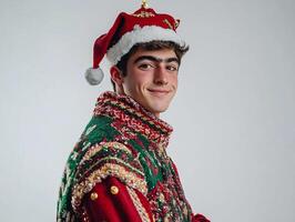 A man in a christmas sweater and hat photo