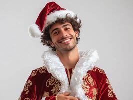 A man in a santa claus costume smiling photo