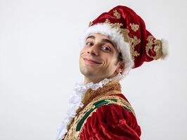 A man in a red and gold costume with a santa hat photo