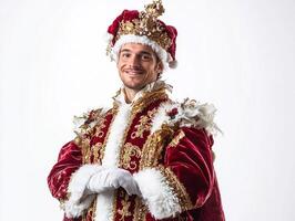 A man dressed in a red and gold costume photo