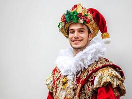 A man dressed in a costume with a red hat and gold crown photo