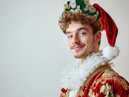 A man in a red and gold costume with a santa hat photo