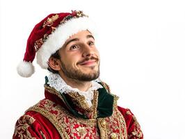 A man in a santa hat and a red and gold costume photo