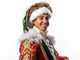 A man in a red and green costume smiling photo