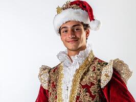 A man dressed in a red and gold costume photo