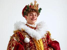 A young man dressed in a red and gold costume photo