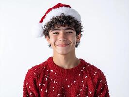 A young man wearing a santa hat and sweater photo