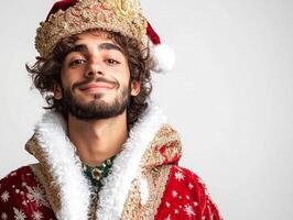 A man in a santa costume with a beard and a crown photo