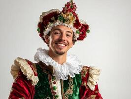 A man in a red and green costume smiling photo