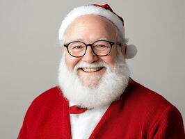 A smiling santa claus wearing glasses and a red sweater photo