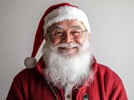 A smiling santa claus wearing glasses and a red sweater photo