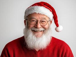A smiling santa claus wearing glasses and a red sweater photo
